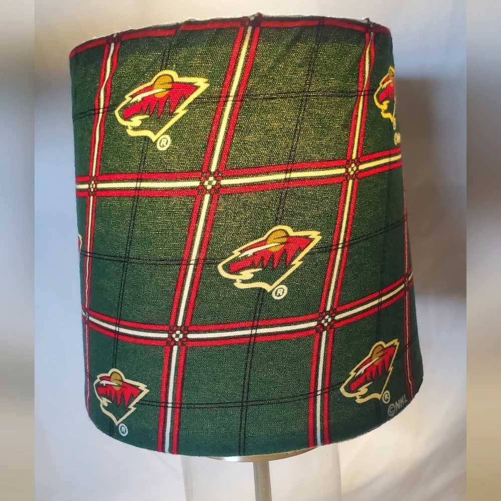 Minnesota Wild Green Plaid Table Lamp  Logo Fabric Shade Chrome Glass Base NHL